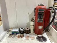 SHOP BOX W/ (2) FIRE EXTINGUISHERS, SAW BLADE, COPPER CONTACT TIP WIRES, (2) COPPER WIRE, ALUMINUM WIRE & MISCELLANEOUS