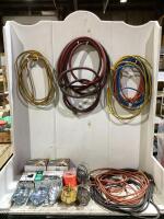 SHOP BOX W/ ASSORTMENT OF CORDS, LIGHT BULBS, FLAGGING TAPE & WORK LIGHT SHELLS