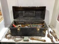 TOOL BOX W/ RATCHET WRENCHES, MEASURE TAPE, CHISELS, CHAIN WRENCH, CLAMPS & MISCELLANEOUS