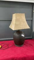 TABLE LAMP - BROWN POTTERY BASE W/ CREAM SHADE