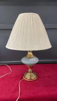 TABLE LAMP - GLASS & BRASS BASE, CREAM PLEATED SHADE