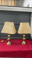 PAIR OF TABLE LAMPS - BRASS BASES W/ TAUPE SHADESW/ A TEXTURED LOOK