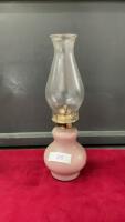 KEROSENE LAMP W/ PINK GLASS BASE (PAINTED ON THE INSIDE)