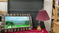 LIGHTED COUNTRY SIDE PICTURE W/ MOVING CARS & A BRASS TABLE LAMP