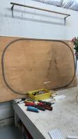 TRAIN TRACK ON SHEET OF PLYWOOD, (3) ENGINES, TYCO POWER PACK & A FEW PLASTIC CARS