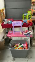 PLAY KITCHEN W/ TOTEFUL OF PLAY DISHES & FOOD