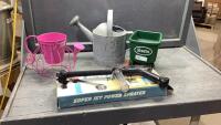 BOX W/GARDEN ITEMS- SMALL FERTILIZER SPREADER, WATERING CAN, FLOWER POT, POWER SPRAYER