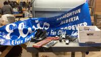 (2)BOXES - BOOTS, TIES, HAIR CLIPPERS , ELVIS BANNERS, CLUTCH