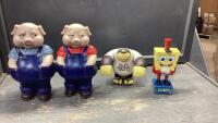BOX W/PIGGY BANKS, SUN BUM GORILLA, SPONGE BOB NUT CRACKER