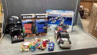 BOX W/DARTH VADER HELMET, ROBOT ARM, FIGURINES, (2)INFLATABLE BUNKERS, TONKA TRUCK