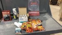 MISC BOX- HAND SANITIZER, HOT PACKS, BADMINTON BIRDIES, SOPRANOS VHS