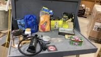 (2)BOXES- TOW ROPE, HAND AIR PUMP, SANDPAPER, BANDSAW BLADES