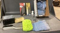 BOX W/AUTO STEREO, CLEANING SUPPLIES, AUTO ACCENTS