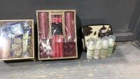 BOX W/ FACIAL KIT, CANDLES, PERSONAL CARE IN A COW PRINT CASE