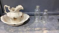 BOX W/VINTAGE MILK BOTTLES + CERAMIC PITCHER WITH BASIN