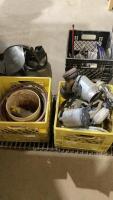 (3) CRATES WITH PAINT SPRAYER PARTS + FACE SHIELDS