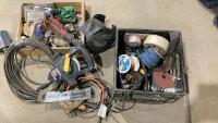 (2) ITEMS - CRATE + BOX - ELECTRICAL WIRE, TAPE MEASURE, TROUBLE LIGHT, EXTENSION CORD,