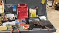 TOTE W/PAINTING SUPPLIES AND ASSORTED SHOP TOOLS