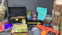 BOX W/NOTEBOOKS, PENCIL CRAYONS, WAX CRAYONS, DOMINOS, MARBLES