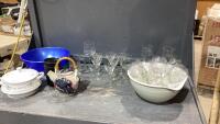 BOX W/ASSORTED WINE GLASSES, GLASSES, SOUP TOUREEN, POTTERY TEAPOT