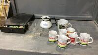(2) BOXES W/VINTAGE CORELLE TEAPOT, MUGS, GLASSES + NESPRESSO PODS IN POD DRAWER