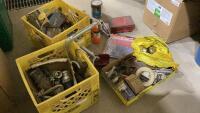 (2)CRATES + FLAT OF SHOP SUPPLIES- NEEDLE FILES, TIRE PRESSURE TESTER, PLUMBING ITEMS