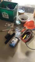 RECYCLE BIN WITH SHOP ITEMS - HARD HAT,QUICKRETE(SEALED), RIDGID SEE SNAKE