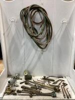 SHOP TRAY W/ ACETYLENE GAUGE, ARGON GAUGE, HOSE, SOLDERING TIPS, HELIUM GAUGE & MISCELLANEOUS
