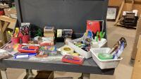 BOX OF ASSORTED OFFICE ITEMS- BINS, PENS, THERMAL ROLLS, ADDING MACHINE ROLLS