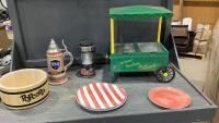 (2)ITEMS- NACHOS+ CHEESE UNIT + BOX W/POPCORN BOWL, BEER STEIN, PLASTIC PLATES