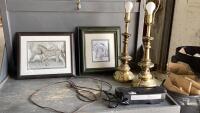 BOX W/(2) BERNIE BROWN PRINTS, (2) TABLE LAMPS(NO SHADES), PAPER SHREDDER