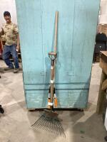 BUNDLE OF GARDEN TOOLS W/ HALF-MOON SHOVEL, SHEARS & RAKE