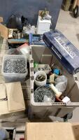 CART W/SCREWS, NAILS, LIGHT SWITCH COVERS, WELDING HELMET