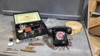 FLAT W/ VINTAGE TELEPHONE, HAMILTON BEACH VIBRATION MACHINE, AUTO DECALS,GLUE PAPER