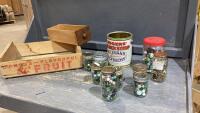 BC FRUIT CRATE W/ JARS OF BUTTONS, SYRUP PAIL, SEWING MACHINE DRAWER