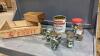 BC FRUIT CRATE W/ JARS OF BUTTONS, SYRUP PAIL, SEWING MACHINE DRAWER