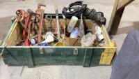 WOOD AMMUNITION CRATE W/SHOP ITEMS - CORDED GRINDER, JET RATCHET, ADJUSTABLE WRENCH