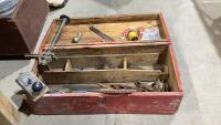 RED WOOD CRATE W/VINTAGE CAMERA FILM, HAIR CURLERS, SANDER, SPROCKETS