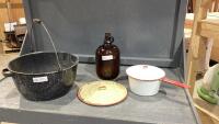 LARGE POT , ENAMEL WARE POT, EXTRA POT LID, ONE GALLON JUG