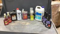 BOX OF SHOP FLUIDS- LEAK SEALER, BRAKE FLUID, INJECTOR CLEANER