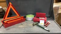 (4)ITEMS- TRIANGLE FLARES, ROADSIDE SAFETY KIT, HD TOW ROPE, BARREL BUNG TOOL