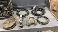 CRATE W/ PROPANE REGULATORS, HOSES, BIG CLEVIS, REESE BALL HITCH, PULLEY