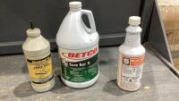 BOX W/ BETCO DISINFECTANT, BLOC-AID DRAIN + SEWER CLEANER, QUIKRETE CRACK FILLER