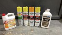 BOX W/(4)CANS OF RUST-OLEUM MARKING PAINT + (2)JUGS PAINT + VARNISH STRIPPER
