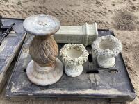 PALLET OF STONE DECOR W/ (2) FLOWER POTS & (2) STANDS