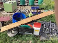 PALLET OF MISCELLANEOUS W/ CHAINS, HOSES, BAGS, WOODEN BOARDS, LOAD BINDERS & POTS