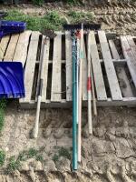 (3) RAKES, (1) SAW POLE & HOE