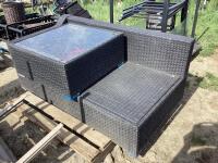PALLET OF WICKER OUTDOOR PATIO W/ WICKER COUCH & WICKER TABLE