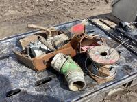 PALLET W/ SPOOL OF STEEL WIRE, FIRE EXTINGUISHER MOUNT, HYDRONIC & MISC