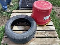 (3) PLASTIC TUBS W/ HANDLES & TIRE 225/60R-17-99H M+S